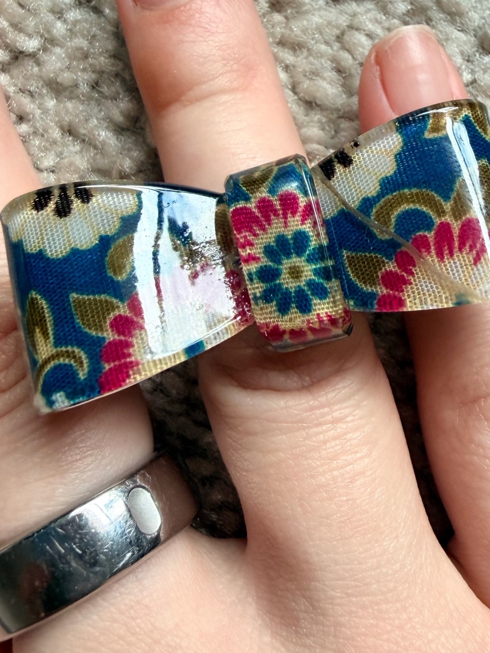 Floral Bow Resin Statement Ring in Blue and Pink